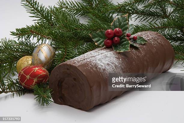 chocolate christmas log - gâteau stockfoto's en -beelden