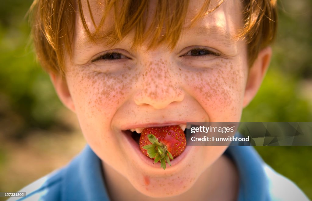 Boy Freckle Face Eating Strawberry Fruit, Child Tasting Healthy Food