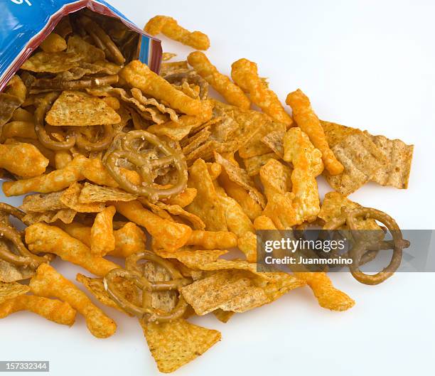 bag of party mix snacks - chips bag stockfoto's en -beelden