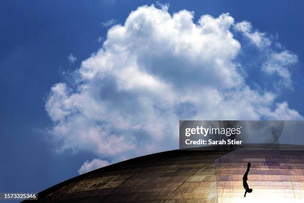 An athlete takes a practice dive prior to the Men's High Diving on day three of the Fukuoka 2023 World Aquatics Championships at Seaside Momochi...