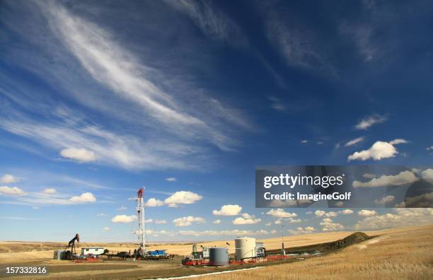 drilling rig on the prairie - alberta oil stock pictures, royalty-free photos & images