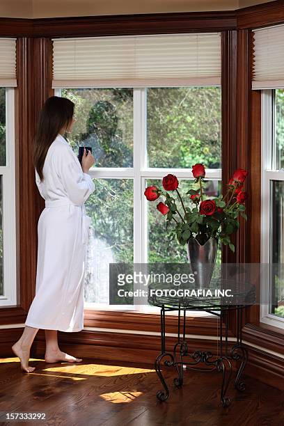 morning coffee by the window - robe rose stock pictures, royalty-free photos & images