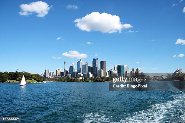 sydney opera house & cbd panorama - sydney harbour boats stock pictures, royalty-free photos & images