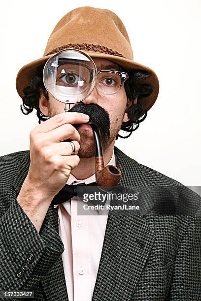detective inspector with mustache, pipe, &amp; magnifying glass - bow tie stock pictures, royalty-free photos & images