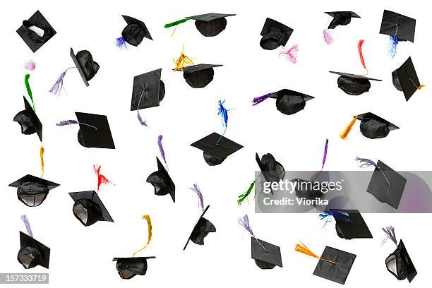 tapas de graduación (aislado en blanco - birrete fotografías e imágenes de stock