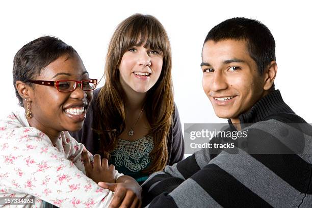 further education: relaxed, diverse teeagers with smiles for the camera - looking around on white background stock pictures, royalty-free photos & images