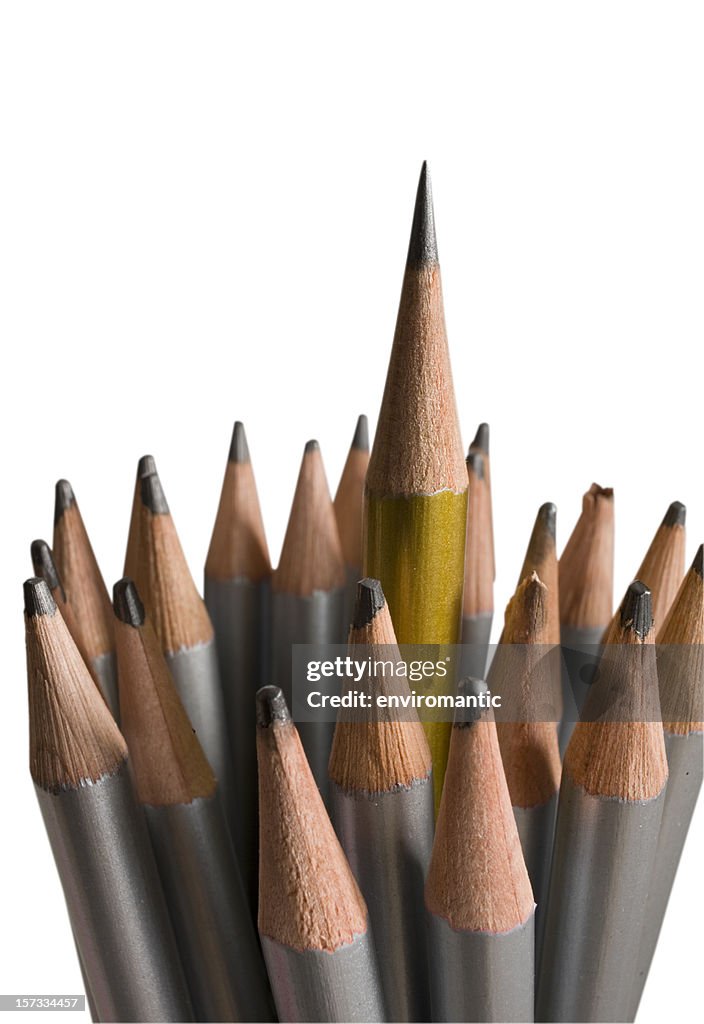 Sharp pencil standing proud of blunt ones, clipping path included.