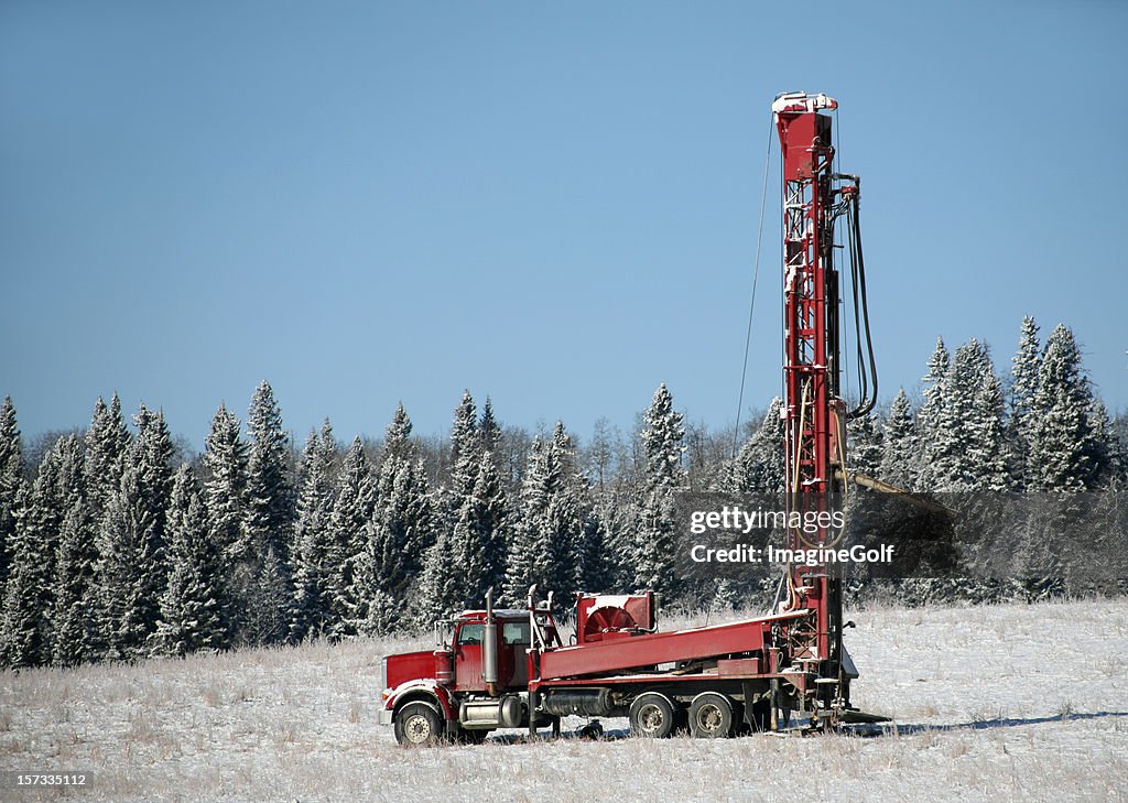 Red Drilling Rig in Alberta in Winter