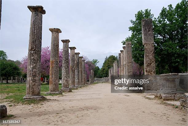 collonade at ancient olympic games - ancient olympia greece stock pictures, royalty-free photos & images