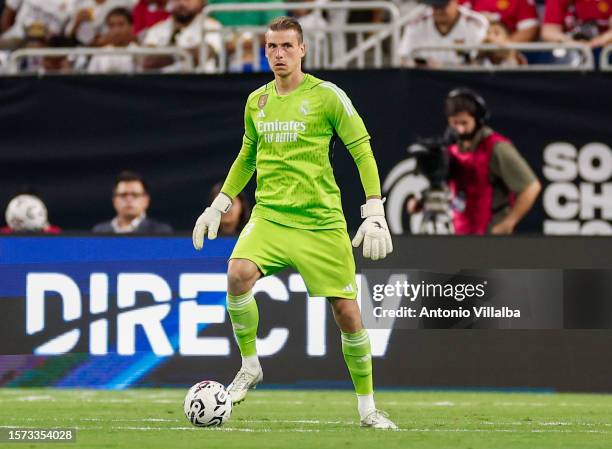 Andriy Lunin of Real Madrid during the pre-season friendly match between Real Madrid and Manchester United at NRG Stadium on July 26, 2023 in...