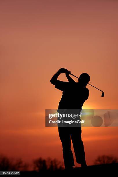 senior golfer silhouette - golf swing sunset stock pictures, royalty-free photos & images
