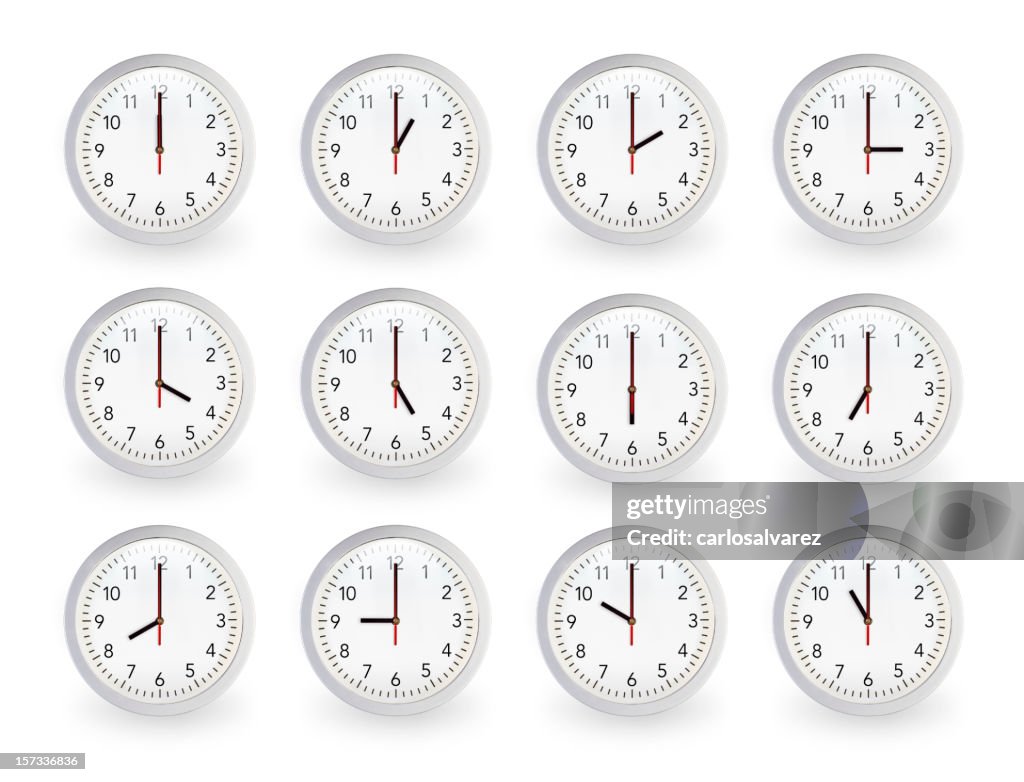 Twelve clocks, 12 hours.