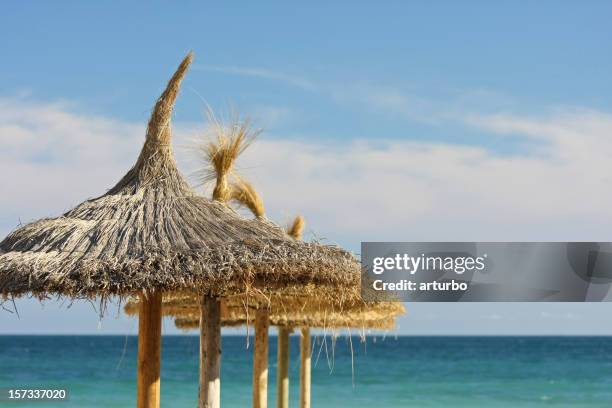 straw beach umbrellas - ibiza strand stock pictures, royalty-free photos & images