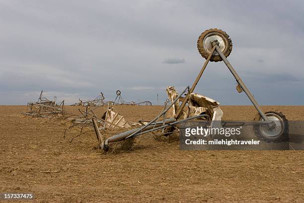 tornado twisted and crumpled farm sprinkler system, greeley,colorado - greeley colorado stock pictures, royalty-free photos & images