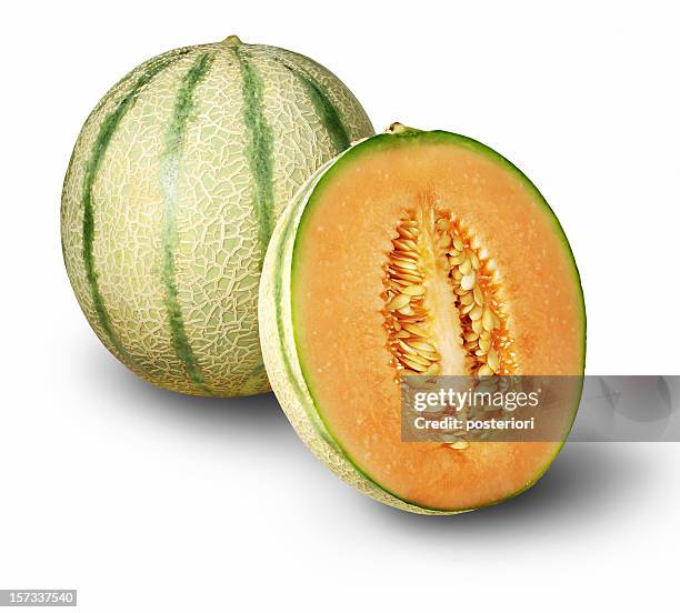 one whole cantaloupe and one half - cantaloupe melon stock pictures, royalty-free photos & images