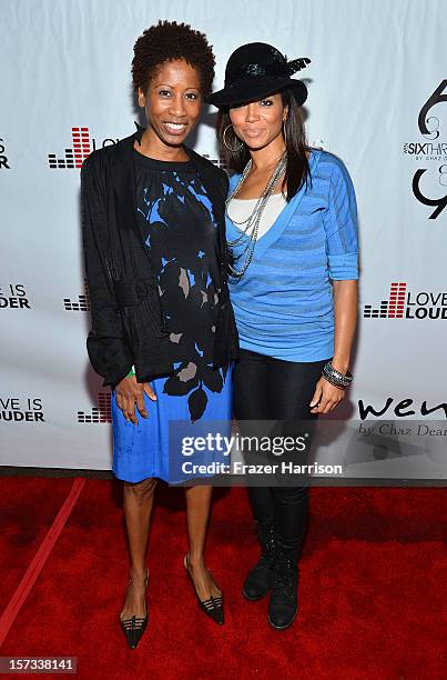 Actors Pamela Shaddock and Sundra Oakley arrives at Chaz Dean's Holiday Party Benefitting the Love is Louder Movement on December 1, 2012 in Los...