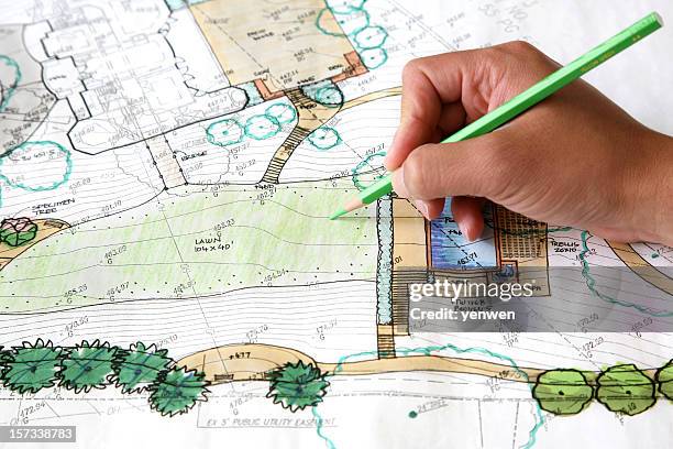 landscaping design - garden drawing stockfoto's en -beelden