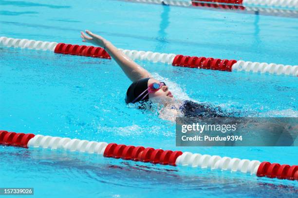 young female backstroke swimmer at swim competition - backstroke stock pictures, royalty-free photos & images