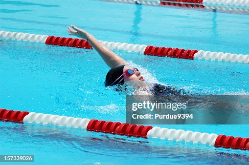 Young Female Backstroke Swimmer at Swim Competition Young Female Backstroke Swimmer at Swim Competition