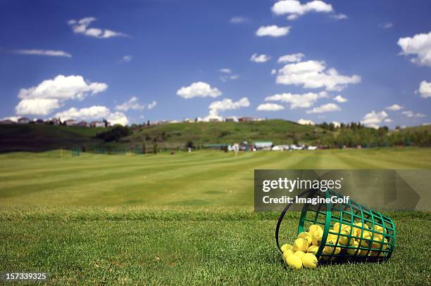 practice golf balls and bucket at driving range - driving range 個照片及圖片檔