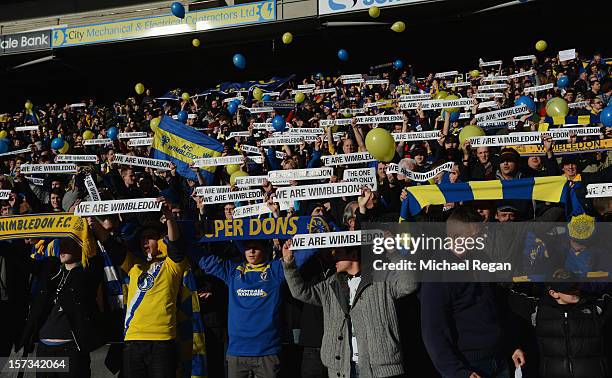 Wimbledon fans support their team prior to the FA Cup with Budweiser Second Round match between MK Dons and AFC Wimbledon at StadiumMK on December 2,...