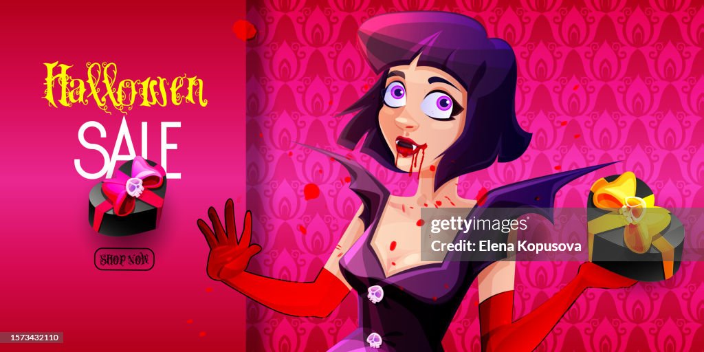 Halloween and sale concept in cartoon style. Beautiful vampire girl with a gift on an abstract colorful holiday background with space for text. Creative advertising poster.