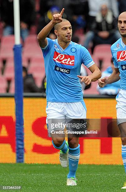 Gokhan Inler of Napoli celebrates after scoring the opening goal of the Serie A match between SSC Napoli and Pescara Calcio at Stadio San Paolo on...