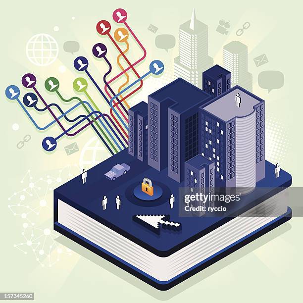 stockillustraties, clipart, cartoons en iconen met blue book modern city - auto post production filter