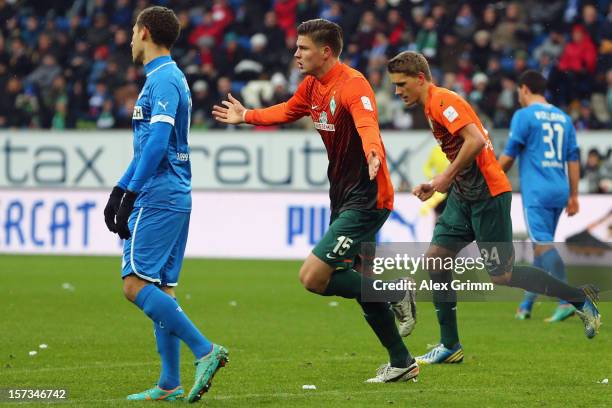 Sebastian Proedl of Bremen celebrates his team's first goal during the Bundesliga match between TSG 1899 Hoffenheim and SV Werder Bremen at...