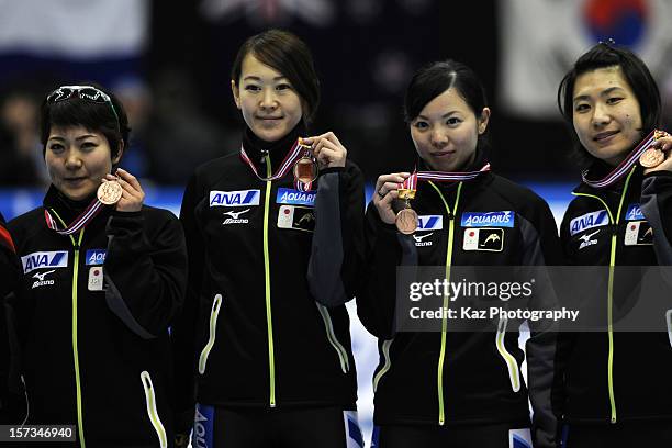 Biba Sakurai , Sayuri Shimizu , Ayuko Ito and Yui Sakai show Bronze medals in ceremony of Ladies 3000m Relay Final during day three of the ISU World...