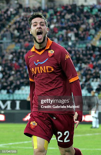 Mattia Destro of AS Roma celebrates after scoring a goal to equalise during the Serie A match between AC Siena and AS Roma at Stadio Artemio Franchi...