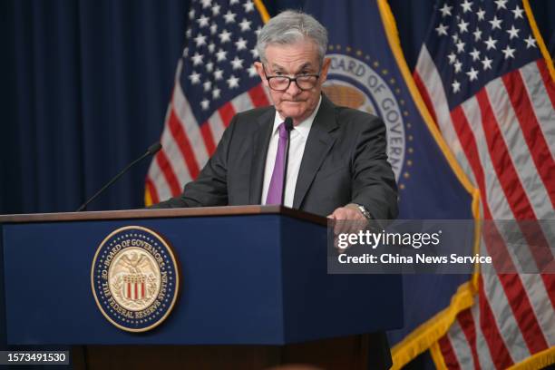 Federal Reserve Chairman Jerome Powell speaks during a news conference after a Federal Open Market Committee meeting on July 26, 2023 in Washington,...