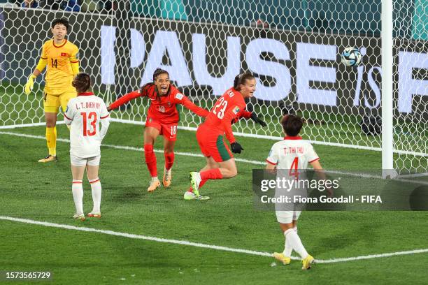 Telma Encarnacao of Portugal celebrates after scoring her team's first goal during the FIFA Women's World Cup Australia & New Zealand 2023 Group E...