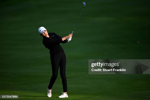 Albane Valenzuela of Switzerland plays her second shot on the 11th hole during the first round of the Amundi Evian Championship at Evian Resort Golf...