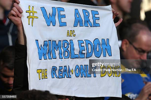 Wimbledon fans support their team prior to the FA Cup with Budweiser Second Round match between MK Dons and AFC Wimbledon at StadiumMK on December 2,...