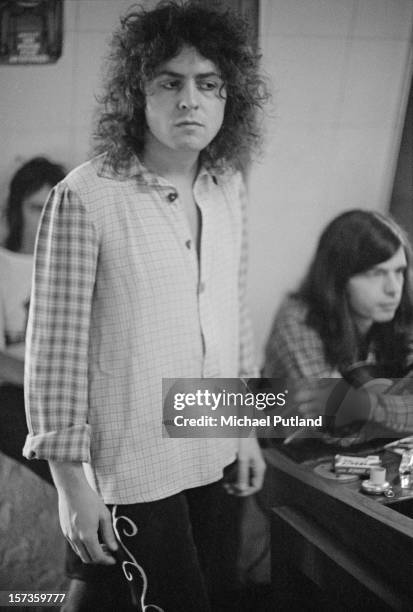 Singer Marc Bolan of British glam rock group T-Rex, at the Chateau d'Herouville recording studio, France, 23rd October 1972. The group are recording...