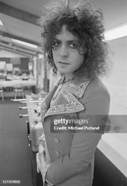 Singer Marc Bolan of British glam rock group T-Rex, at the Chateau d'Herouville recording studio, France, 23rd October 1972. The group are recording...
