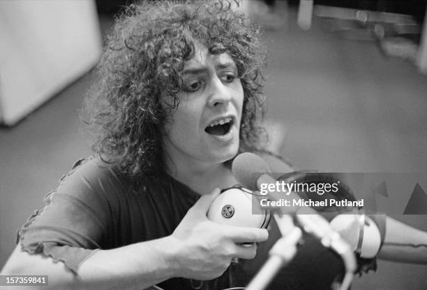 Singer Marc Bolan of British glam rock group T-Rex, at the Chateau d'Herouville recording studio, France, 23rd October 1972. The group are recording...