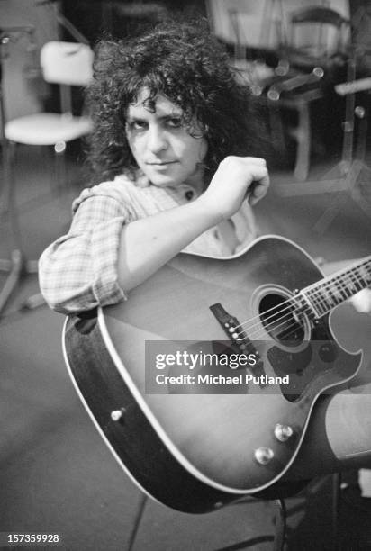 Singer Marc Bolan of British glam rock group T-Rex, at the Chateau d'Herouville recording studio, France, 23rd October 1972. The group are recording...