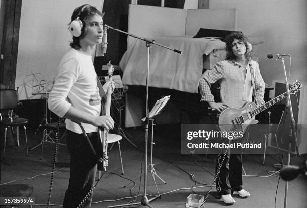 Bassist Steve Currie and Singer Marc Bolan of British glam rock group T-Rex, at the Chateau d'Herouville recording studio, France, 23rd October 1972....