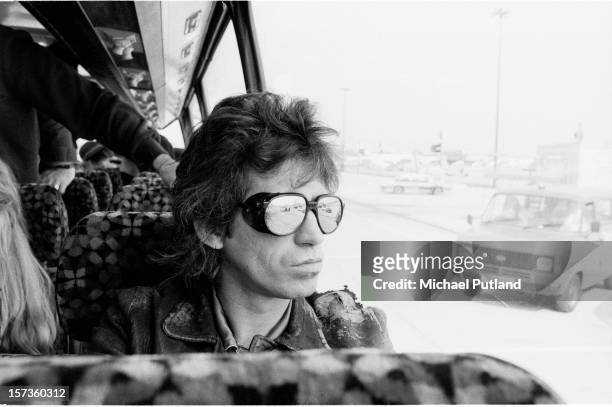 Keith Richards of the Rolling Stones sits on the tour bus during their UK tour, June 1982.