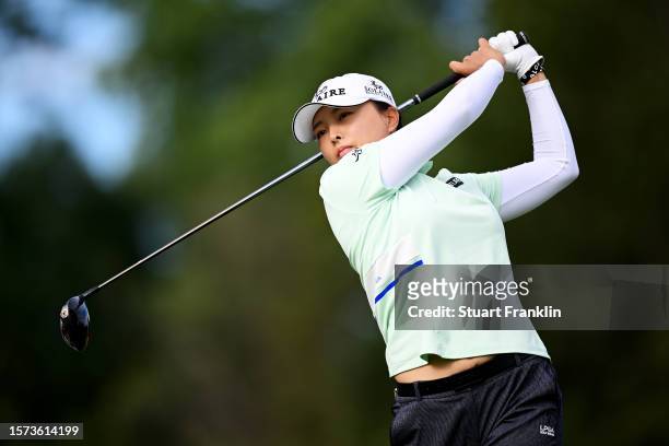 Jin Young Ko of South Korea tees off on the 13th hole during the first round of the Amundi Evian Championship at Evian Resort Golf Club on July 27,...