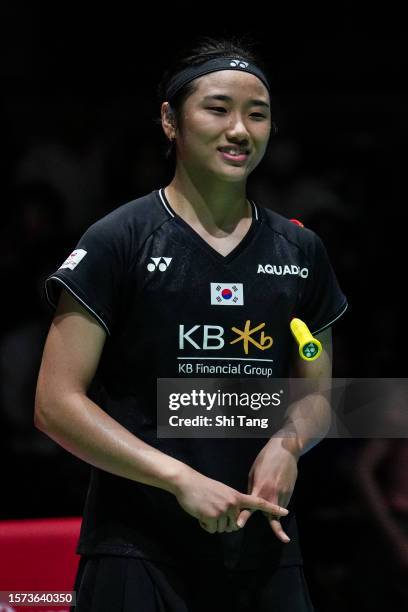 An Se Young of Korea celebrates the victory in the Women's Singles Second Round match against Aya Ohori of Japan on day three of the Japan Open at...