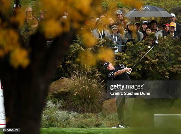 Steve Stricker hits his tee shot on the 16th hole during the final round of the Tiger Woods World Challenge Presented by Northwestern Mutual at...