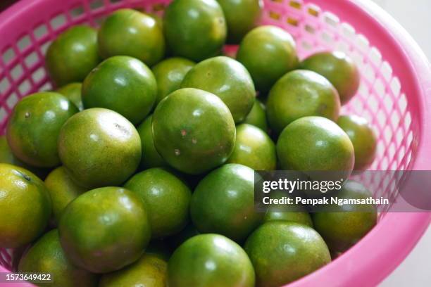 green orange​ fruit​ in pink plastic​ basket​ - oranges in basket at food market stock pictures, royalty-free photos & images