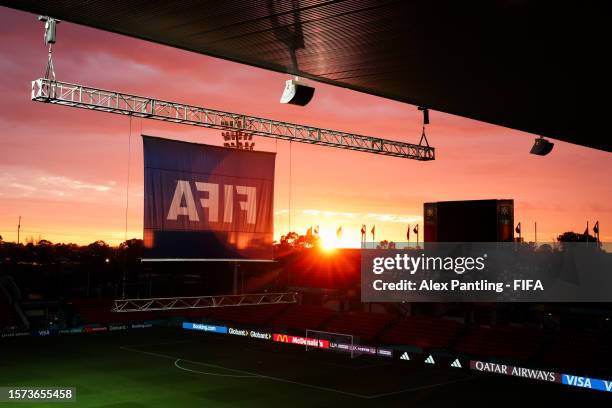 General view as the sun sets at Hindmarsh Stadium on July 27, 2023 in Adelaide, Australia.