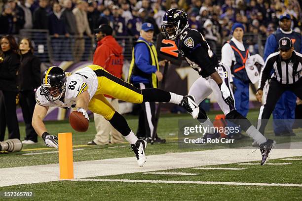 Tight end Heath Miller of the Pittsburgh Steelers scores a touchdown after catching a pass in front of cornerback Corey Graham of the Baltimore...