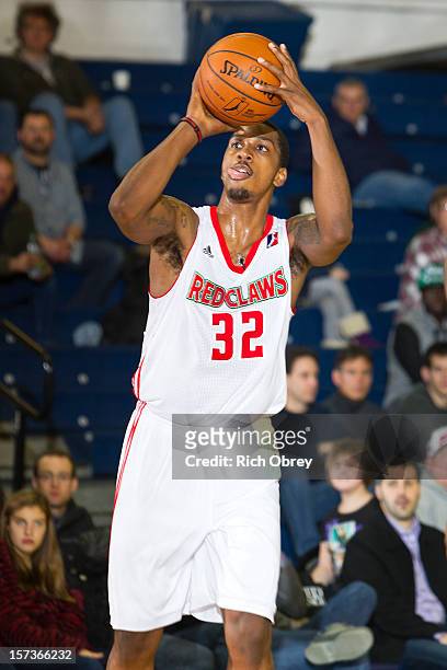 Kris Joseph of the Maine Red Claws lines up a jump shot against the Sioux Falls Skyforce on December 2, 2012 at the Portland Expo in Portland, Maine....