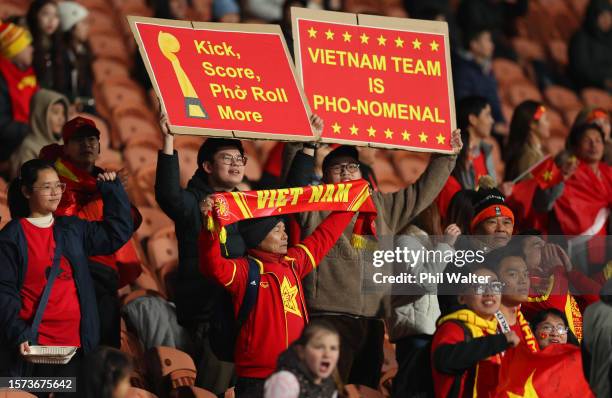 Vietnam fans show their support during the FIFA Women's World Cup Australia & New Zealand 2023 Group E match between Portugal and Vietnam at Waikato...