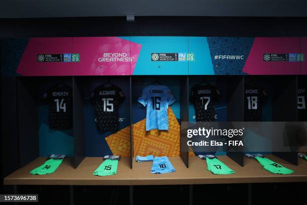 The shirts worn by Nigeria players are displayed inside the dressing room prior to the FIFA Women's World Cup Australia & New Zealand 2023 Group B...